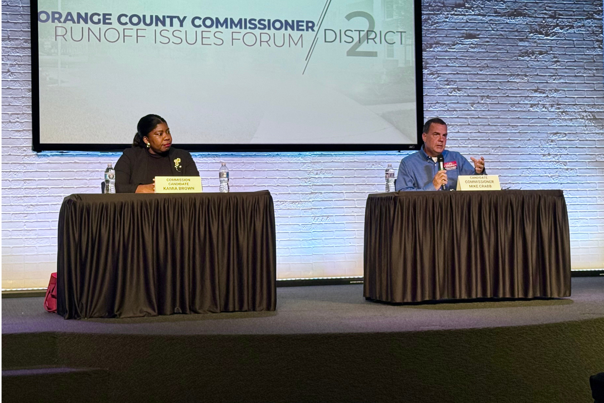 Orange County Commission District 2 candidates Kamia Brown, left, and incumbent Mike Crabb participate in an Apopka Involved Voters forum Sept. 22 at Victory Church in Apopka. Early voting for the Nov. 3 general election begins Oct. 19.  