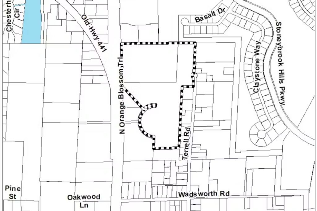 A map outlines the proposed 38.86-acre Stonemont Manor development site between North Orange Blossom Trail and Terrell Road in the Tangerine Rural Settlement. The Orange County Planning and Zoning Commission unanimously recommended denial of the proposed 38-home subdivision Oct. 15.