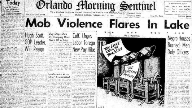 The guilty verdicts for the Groveland Four were overturned by the state Supreme Court, which specifically criticized a front-page cartoon in The Orlando Sentinel labeled, "The Lake County Tragedy". The cartoon of four electric chairs, which the justices called "highly prejudicial," had appeared before a grand jury indicted the men. (Orlando Sentinel file)