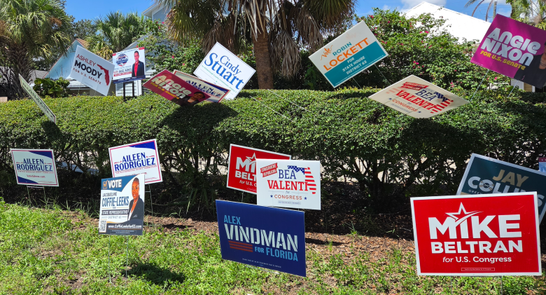 A news photograph by Ray Roa showing Political signage outside the West Tampa Library in Tampa, Florida on Aug. 17, 2026. Captured in a wide outdoor shot in bright daylight, a dense collection of political campaign yard signs is staked into a grassy lawn and along a trimmed green hedge. Visible campaign signs display names including "Mike Beltran for U.S. Congress," "Alex Vindman," "Bea Valenti," "Angie Nixon," "Cindy Stuart," and "Aileen Rodriguez," set beneath palm tree fronds and blue sky.
