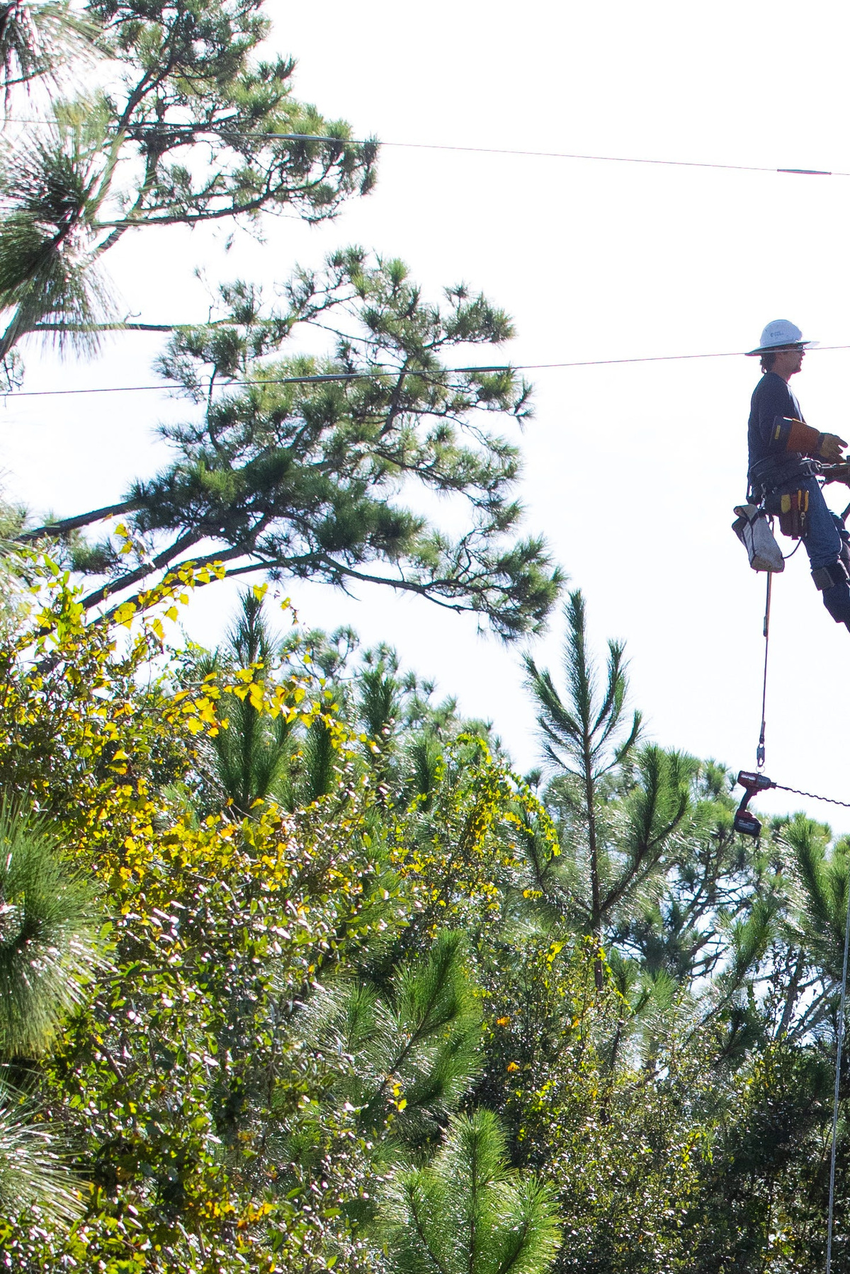 Duke Energy linemen repair fallen power lines in Eastpoint, Florida, down the street from the Franklin County Florida Sheriff's Office, Saturday, Oct. 10, 2026, after Hurricane Isaias made landfall on the Gulf Coast.