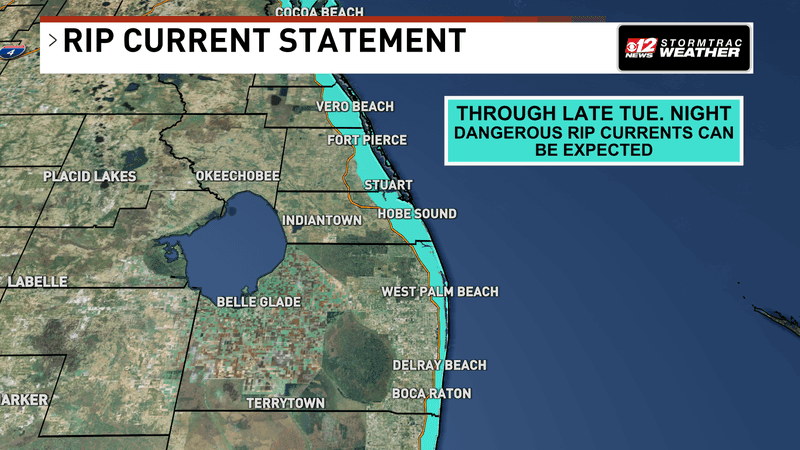 Dangerous rip currents are expected along the Treasure Coast and Palm Beaches through late Tuesday night. (WPEC)