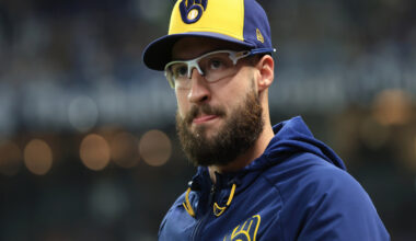 Oct 27, 2026; St. Petersburg, Florida, USA; Milwaukee Brewers pitcher Aaron Ashby (26) looks on during the first inning against the Tampa Bay Rays in game four of the 2026 World Series at Tropicana Field. Mandatory Credit: Kim Klement Neitzel-Imagn Images
