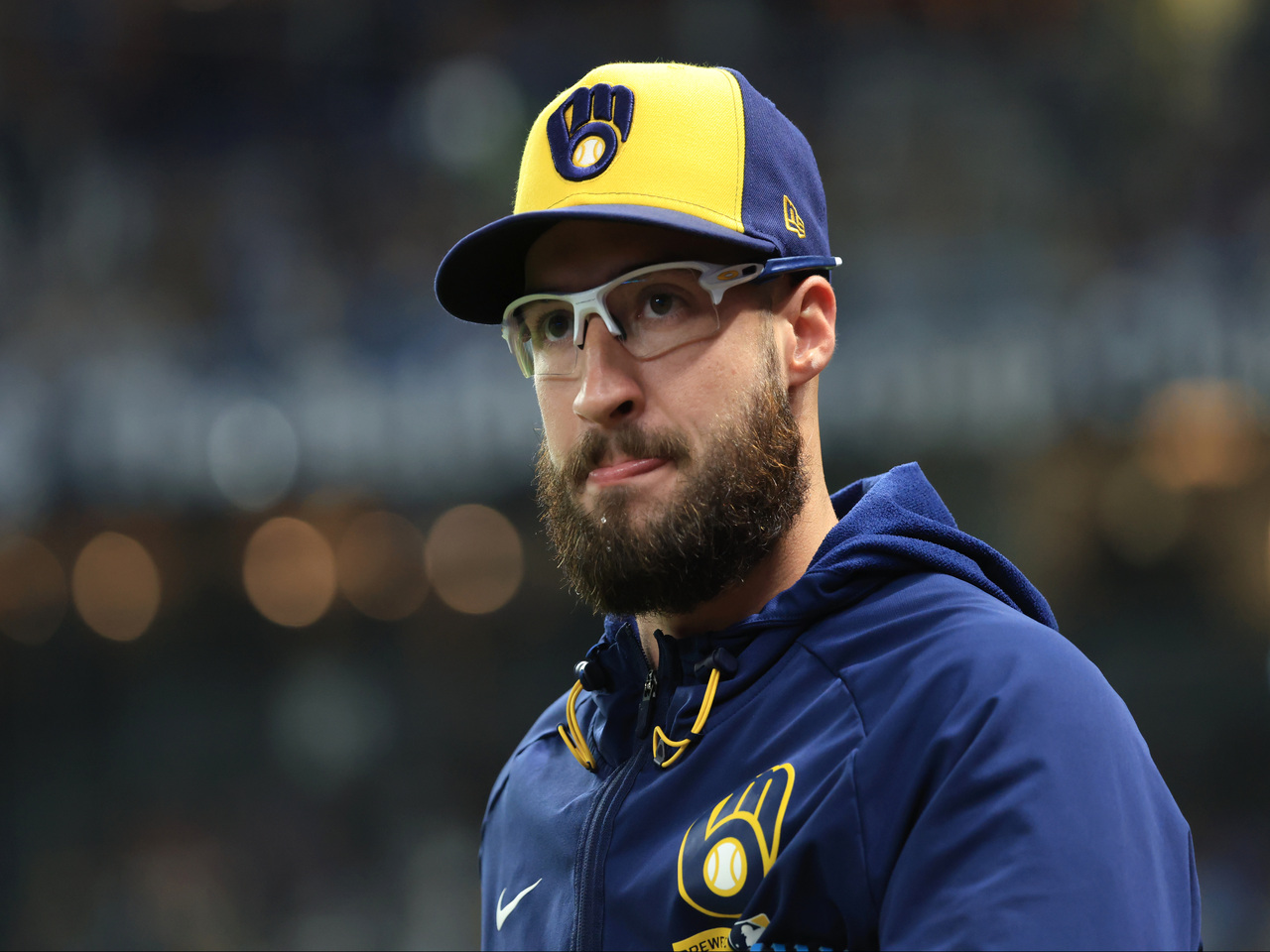 Oct 27, 2026; St. Petersburg, Florida, USA; Milwaukee Brewers pitcher Aaron Ashby (26) looks on during the first inning against the Tampa Bay Rays in game four of the 2026 World Series at Tropicana Field. Mandatory Credit: Kim Klement Neitzel-Imagn Images
