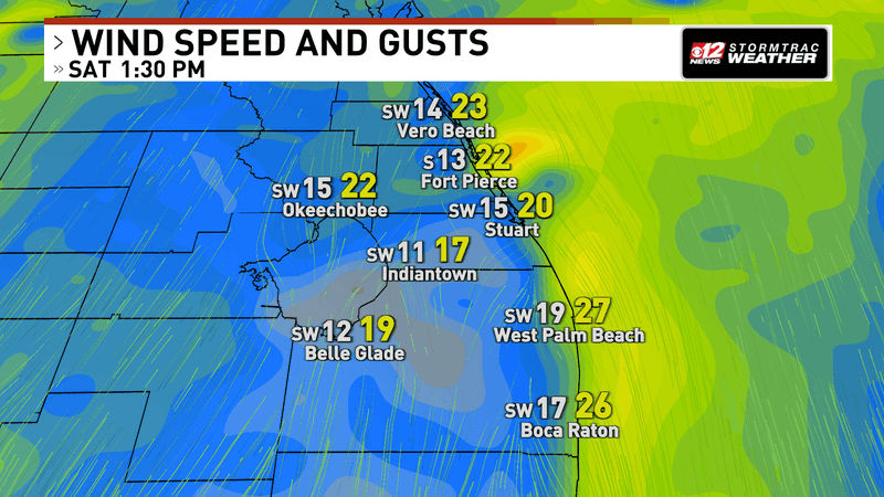 Winds 10-20 miles per hour will be present Saturday, with gusts higher closer to the coast. (WPEC)