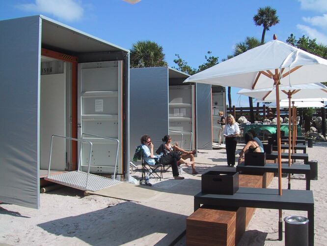 Shipping containers on the beach as part of the first Miami Beach show in 2002, introducing the Positions sector of Art Basel