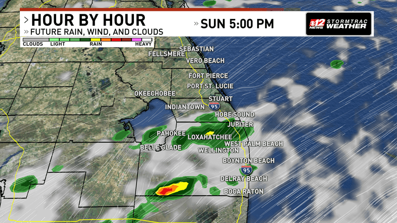 Rain chances become more isolated for the evening, but they will still be possible all throughout Sunday. (WPEC)