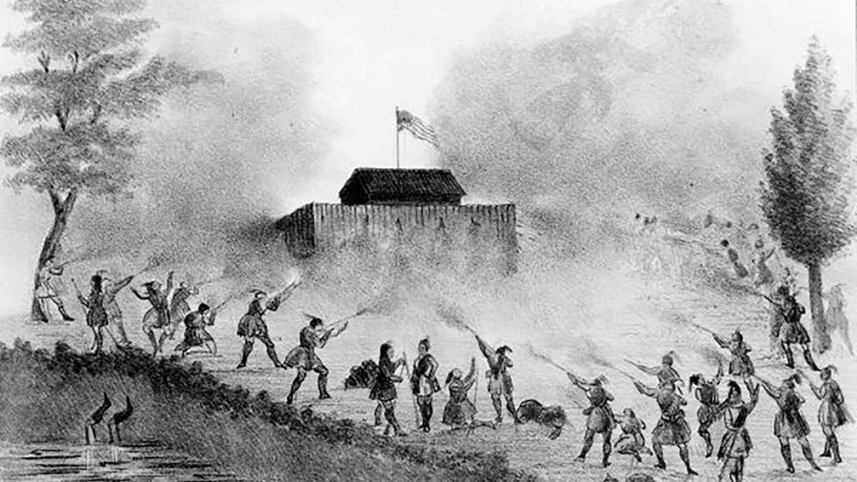 Lithograph of events in the Seminole War in Florida in 1835. Issued by T.F. Gray and James of Charleston, S.C., in 1837. This is the attack of the Seminoles on the blockhouse.