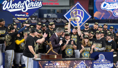 Milwaukee Bucks, Milwaukee Brewers celebrate with the Commissioner's Trophy during the Awards Ceremony after defeating the Tampa Bay Rays to win the 2026 World Series at Tropicana Field in St. Petersburg, Fla. on Oct 28, 2026.