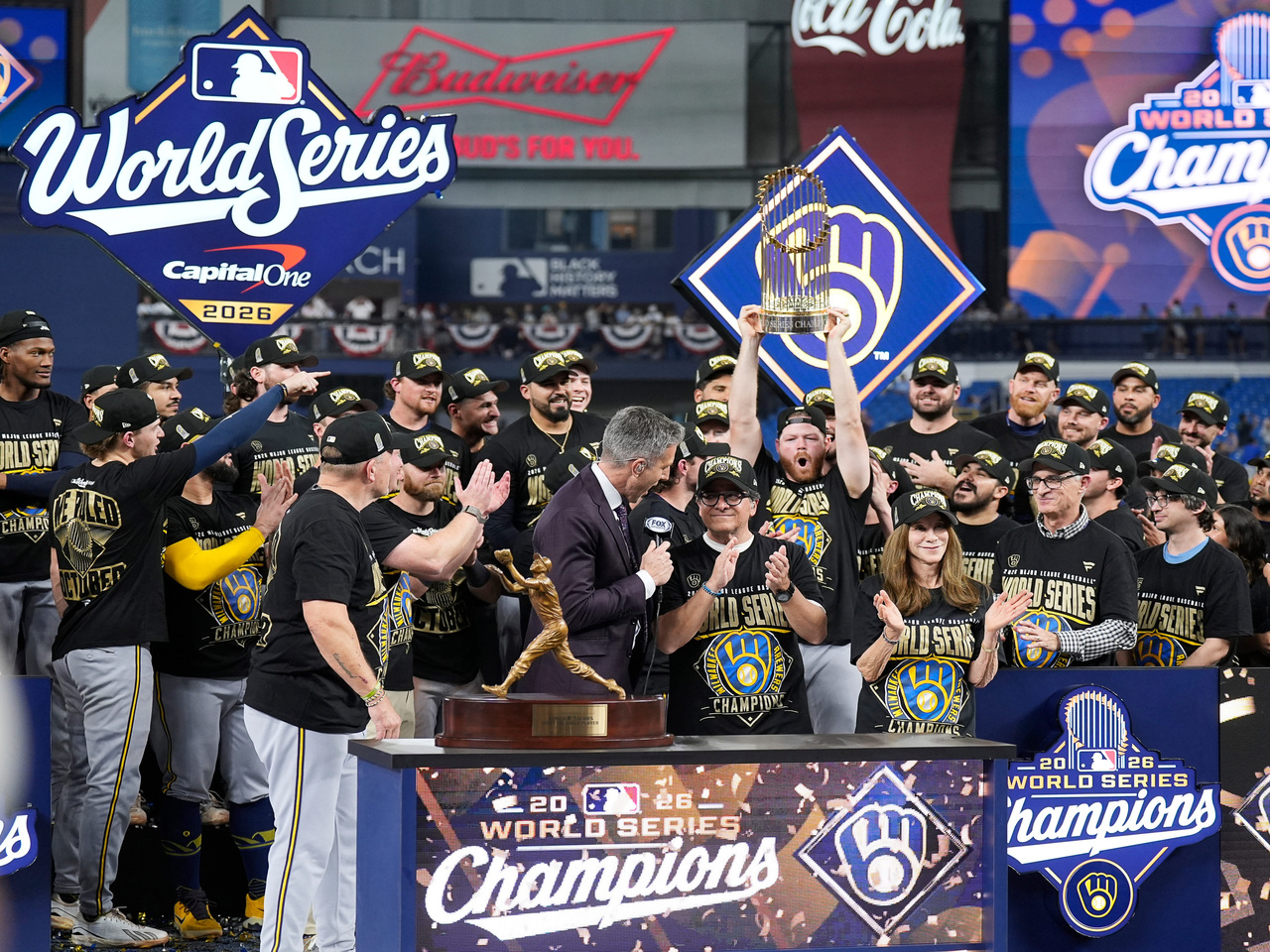 Milwaukee Bucks, Milwaukee Brewers celebrate with the Commissioner's Trophy during the Awards Ceremony after defeating the Tampa Bay Rays to win the 2026 World Series at Tropicana Field in St. Petersburg, Fla. on Oct 28, 2026.