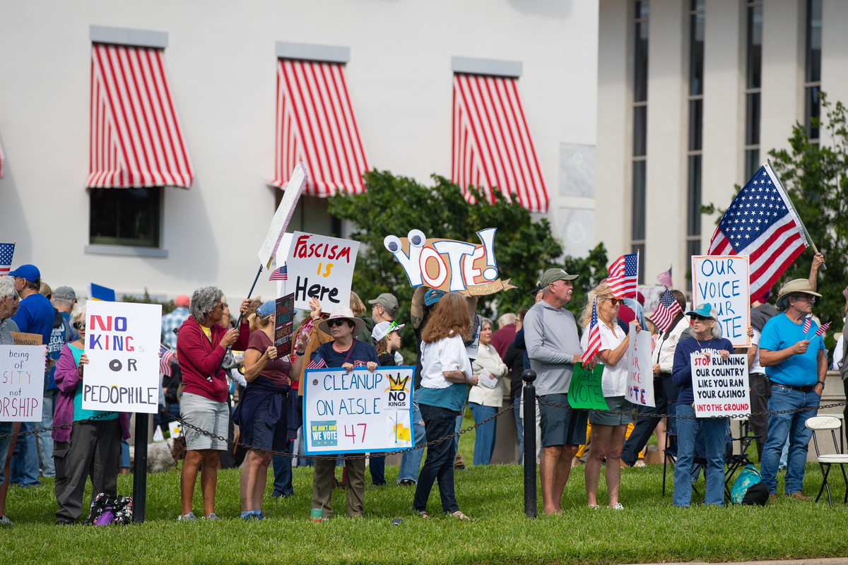 "No Kings Tallahassee: Our Voice, Our Vote" demonstrators participate in a rally in front of the Florida State Capitol in Tallahassee, Florida on Saturday, Oct. 17, 2026.