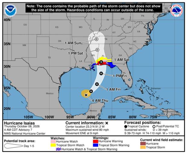 Hurricane Isaias cone of uncertainty as of 5 a.m. Thursday, Oct. 8, 2026. (NHC)