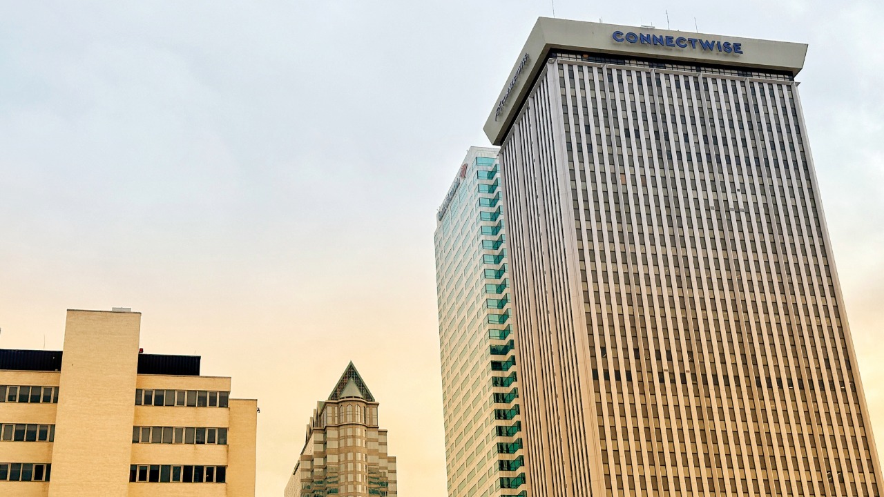 ConnectWise headquarters building in downtown Tampa, with the company's name displayed atop the office tower.