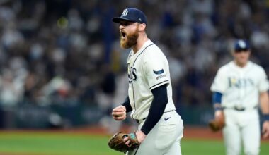 Tampa Bay Rays pitcher Bryan Baker celebrates after closing out the New York Yankees in the ninth inning of the Rays' 1-0 win in Game 1 of an American League Division Series baseball game Saturday, Oct. 3, 2026, in St. Petersburg, Fla. (AP Photo/Chris O'Meara)