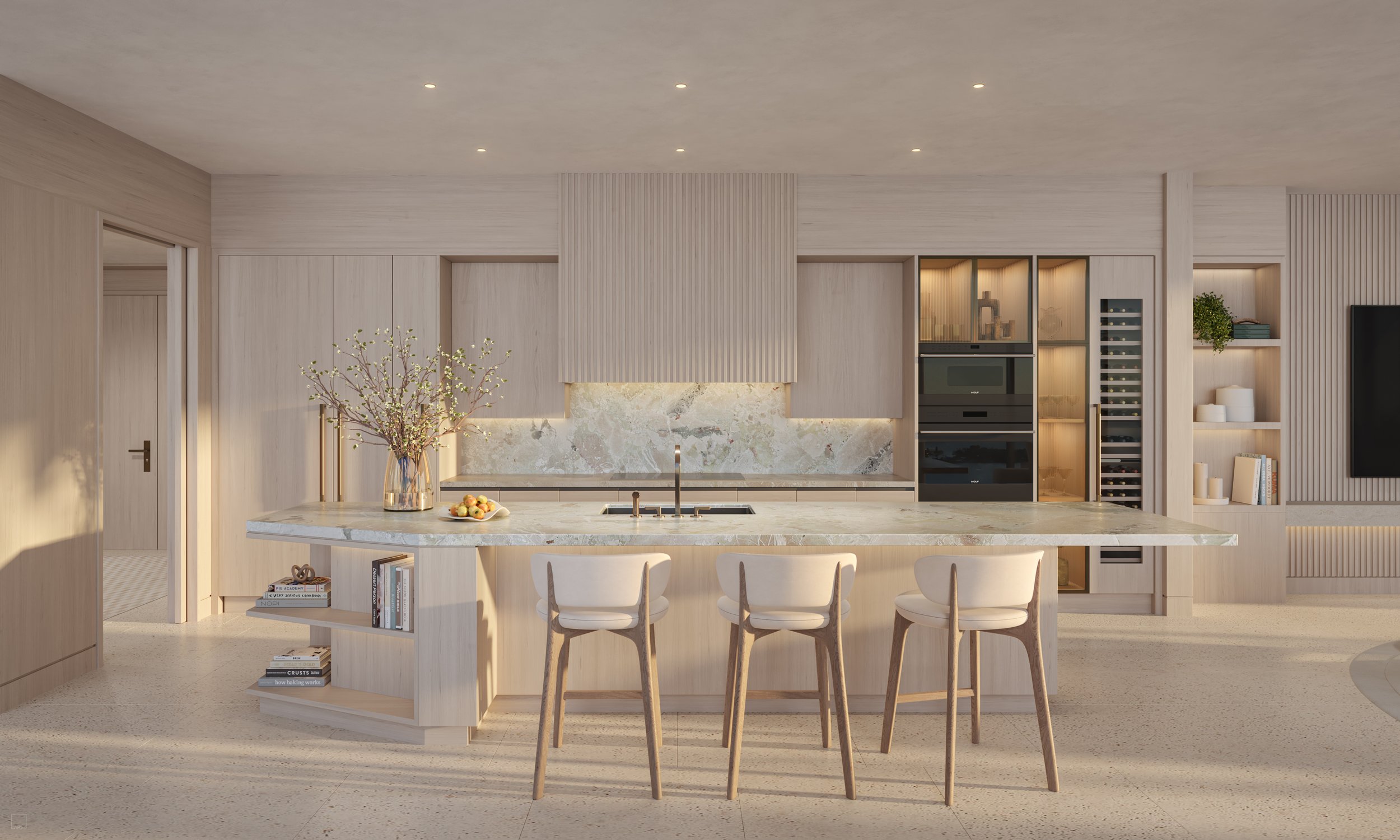 Rendering of a residence kitchen at Waldorf Astoria Residences St. Petersburg