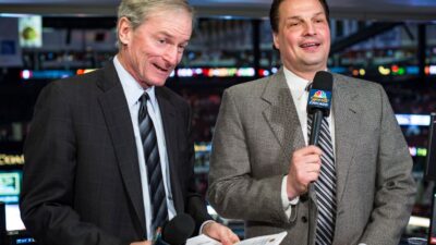 Eddie Olczyk, right, with Pat Foley in the Blackhawks broadcast booth
