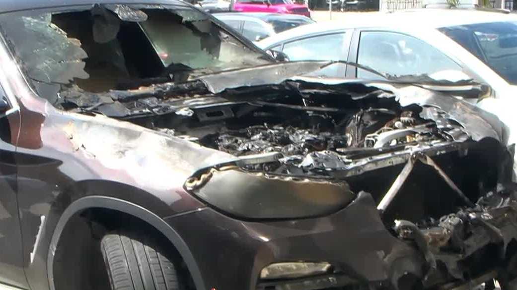 Car catches fire outside Cape Coral businesses, leaving melted parts, shattered glass
