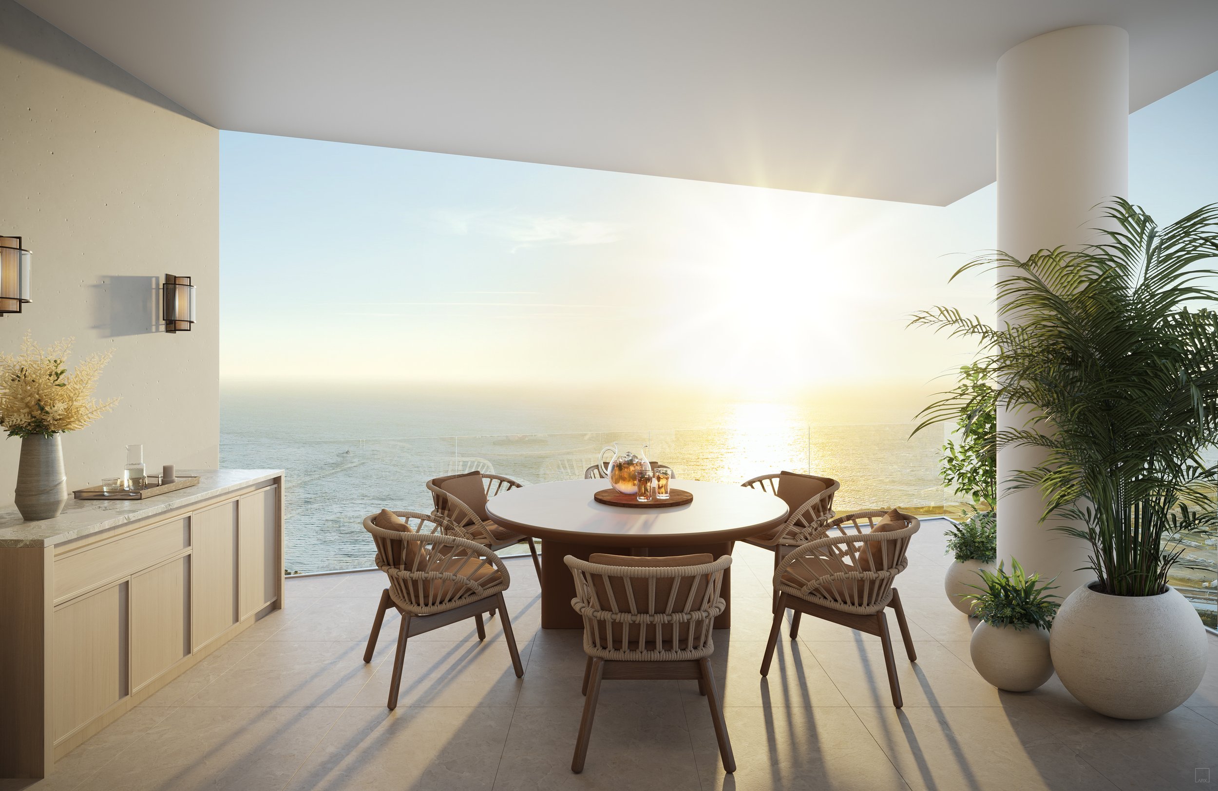 Rendering of a residence terrace overlooking Tampa Bay at Waldorf Astoria Residences St. Petersburg