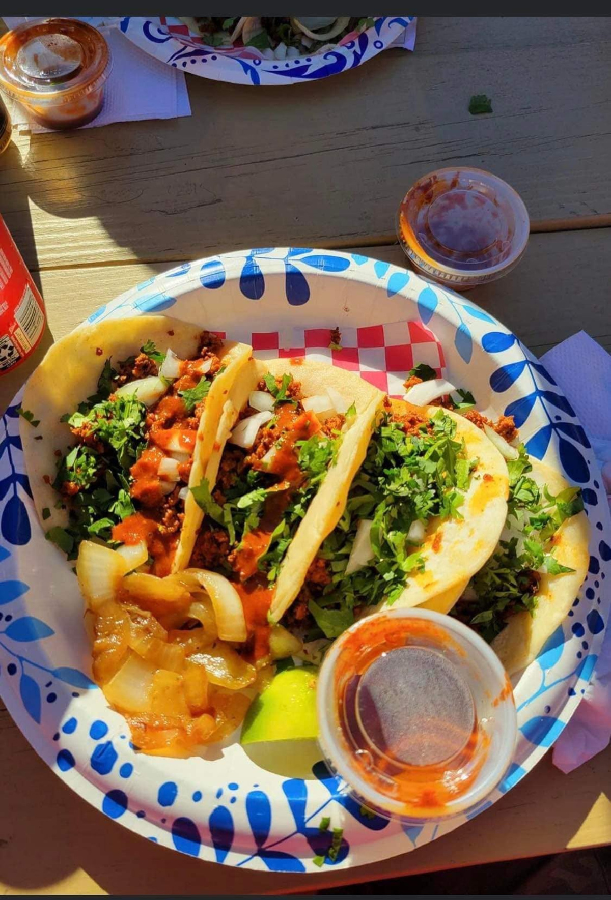 Street tacos served at Mexican food truck Chile & Chili's Taqueria.
