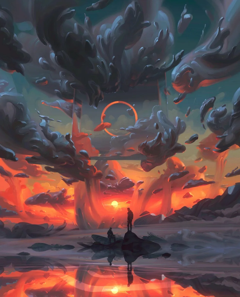 Surreal mountains with elongated peaks touching the sky.