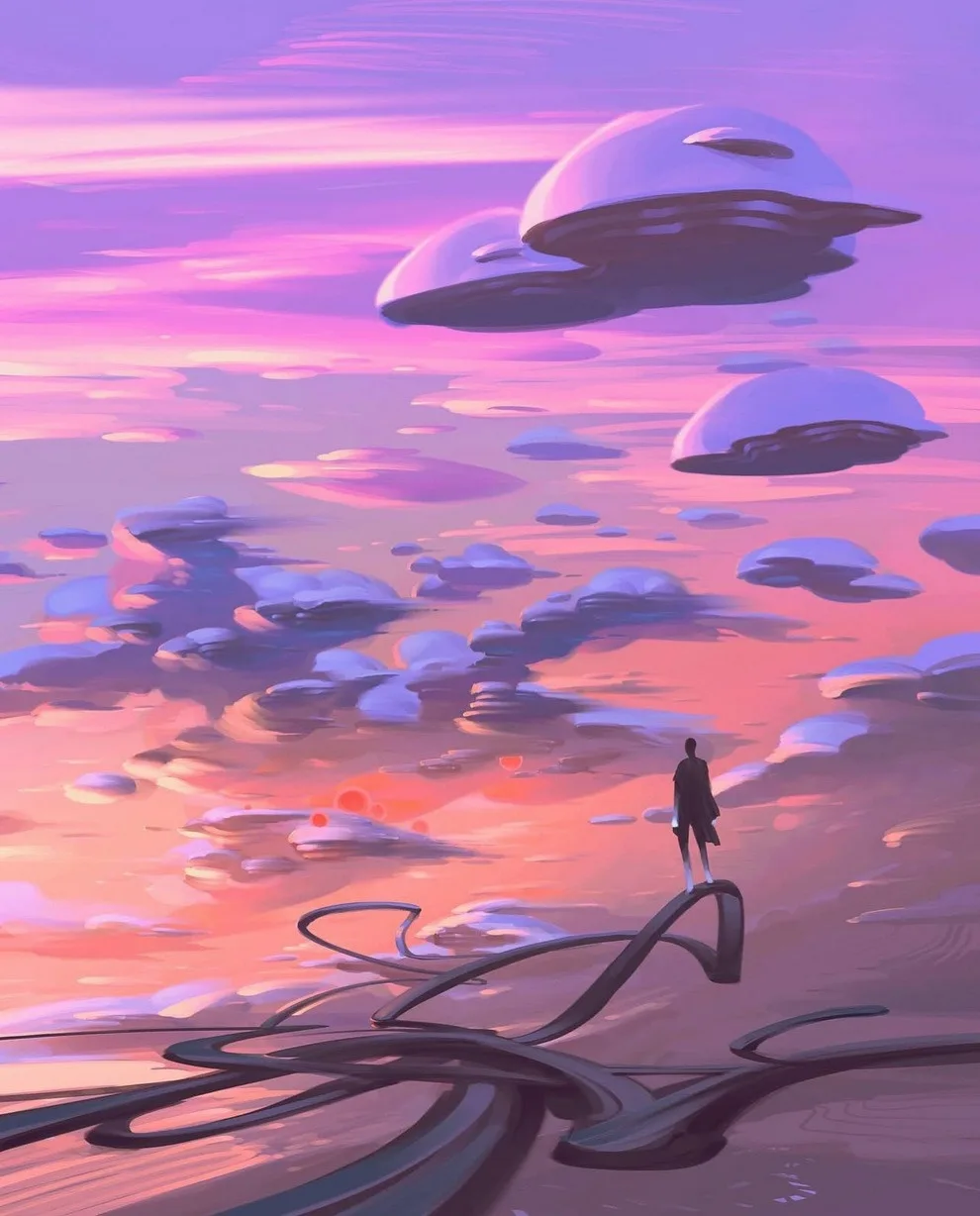 Imaginary city with surreal architecture set against a twilight sky.