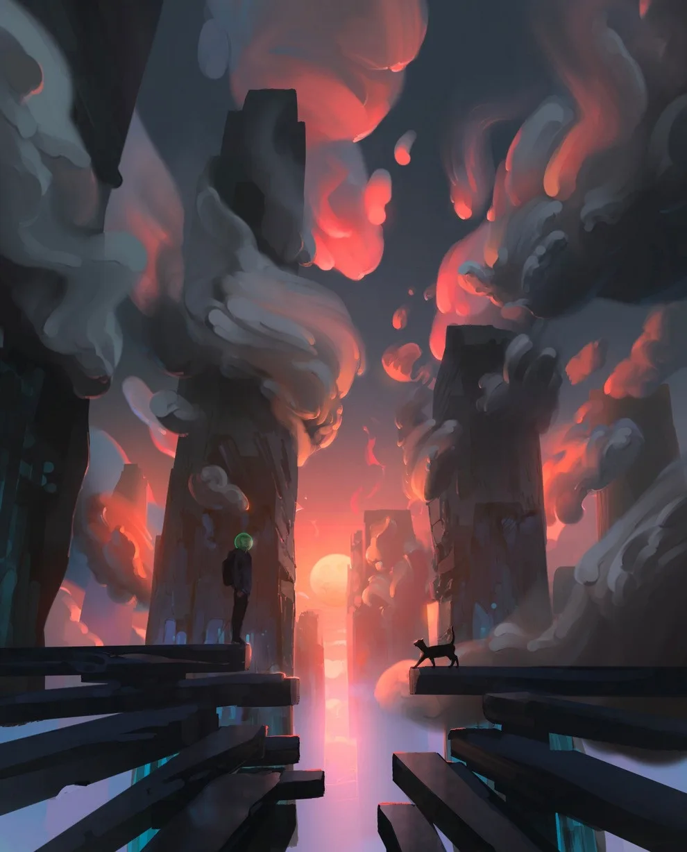 Expansive desert with floating orbs hovering above.