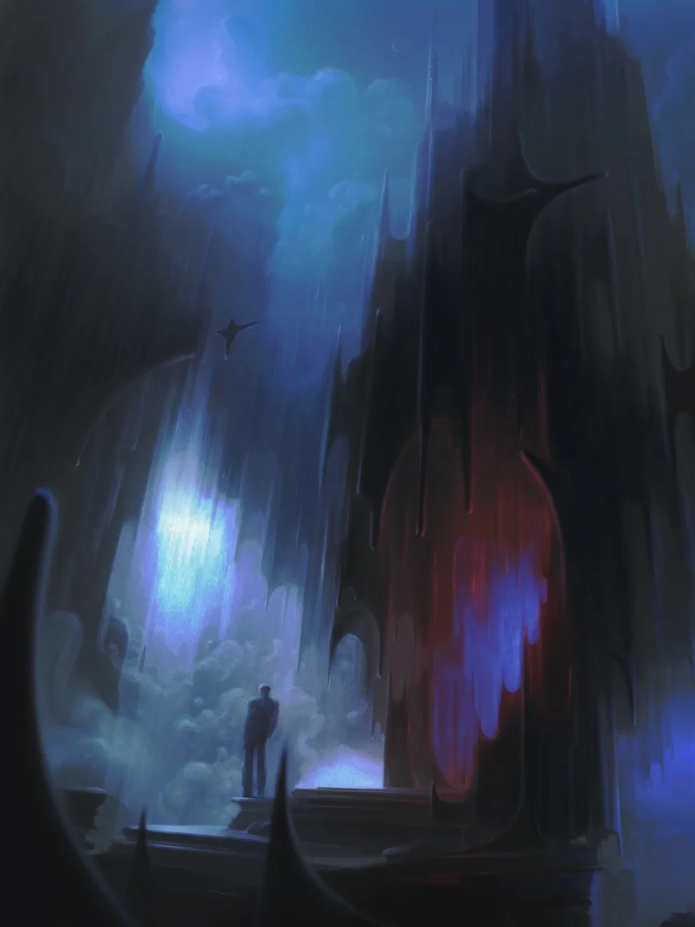 Towering cliffs with caves and ethereal glow from within.