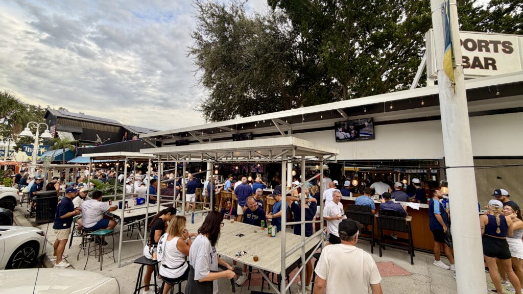 People celebrating at a Rays playoff game