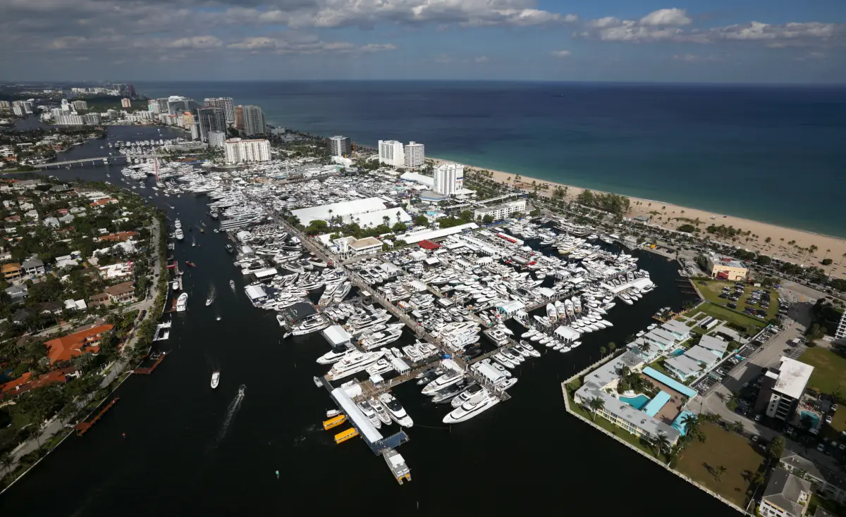 Aerial view of the Fort Lauderdale International Boat Show marinas on the Intracoastal Waterway beside Fort Lauderdale beach