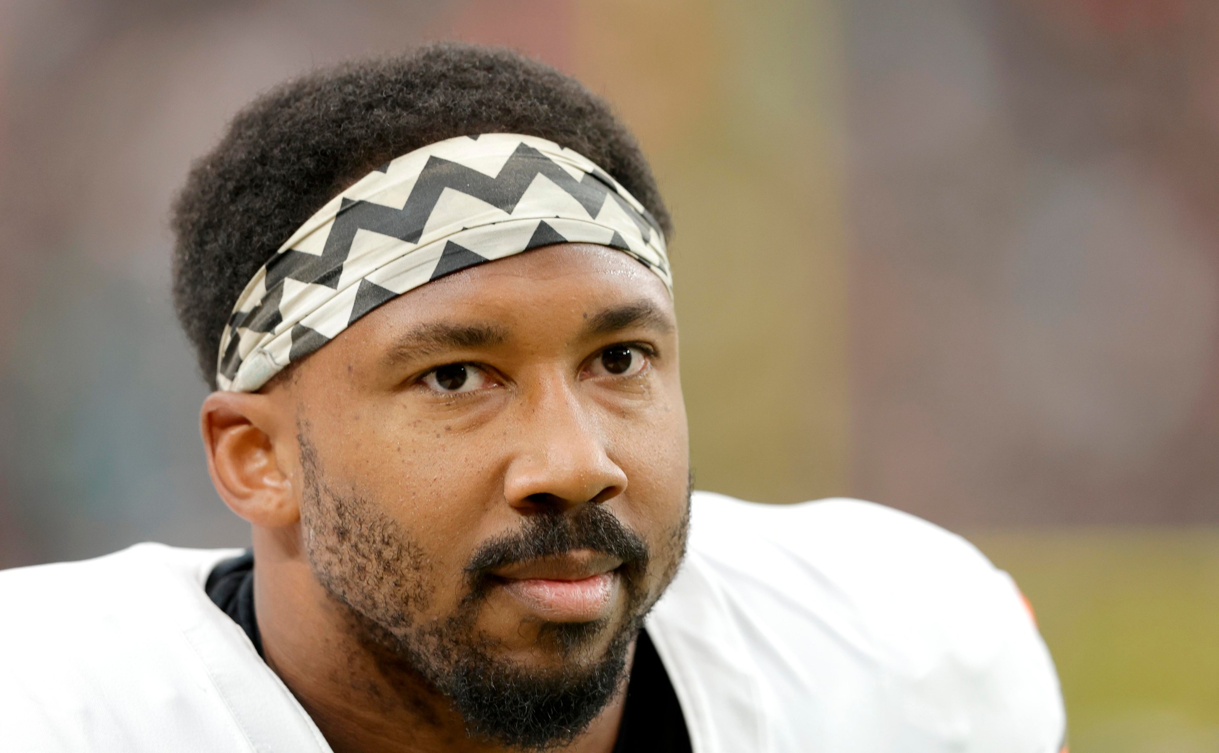 LAS VEGAS, NEVADA - SEPTEMBER 29: Defensive end Myles Garrett #95 of the Cleveland Browns wrms up before a game against the Las Vegas Raiders at Allegiant Stadium on September 29, 2024 in Las Vegas, Nevada. (Photo by Steve Marcus/Getty Images)