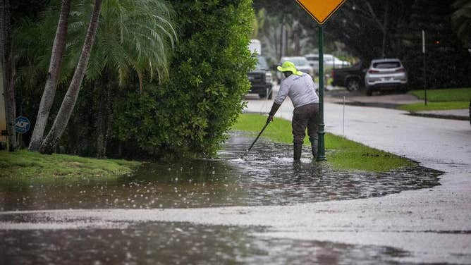 A Miami Shores public works employee works in the rain on Nov. 5, 2021, clearing drains and pumping floodwater in the Shores Estates neighborhood along Northeast 105th Street in Miami Shores.