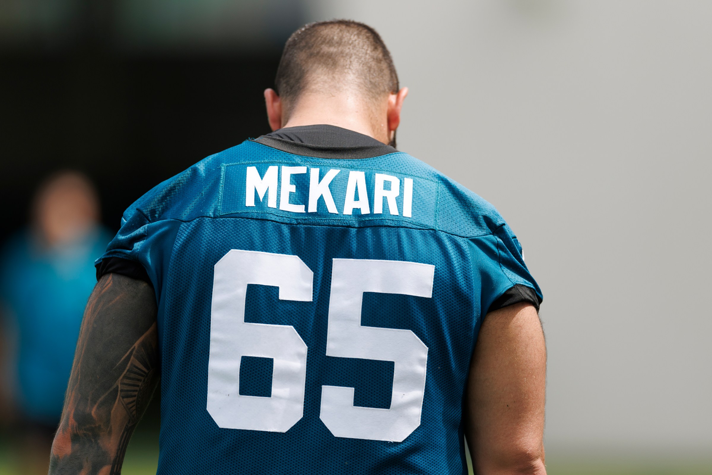 JACKSONVILLE, FLORIDA - JUNE 10: A detailed view of the back of Patrick Mekari #65 of the Jacksonville Jaguars jersey during a Jacksonville Jaguars mandatory minicamp at Miller Electric Center on June 10, 2025 in Jacksonville, Florida. (Photo by Logan Bowles/Getty Images)