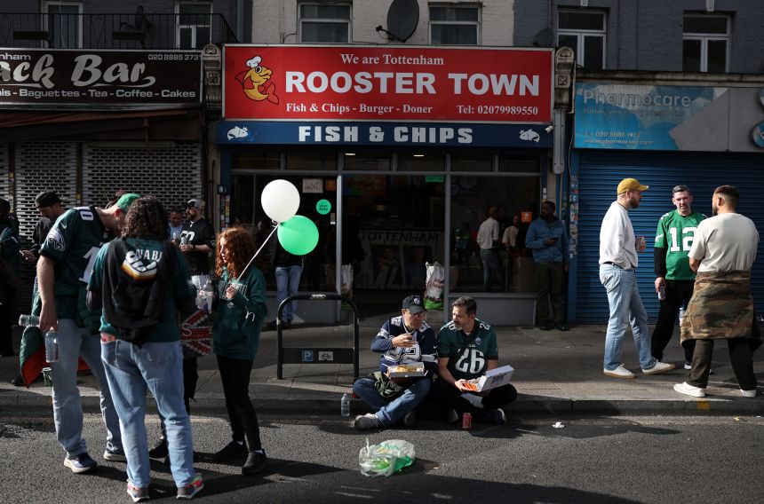 Fans of the Philadelphia Eagles are seen outside the stadium before the 2026 NFL London Games match between Philadelphia Eagles and Jacksonville Jaguars at Tottenham Hotspur Stadium on October 11.