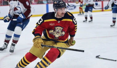 ELMONT, NEW YORK - MARCH 01: Brad Marchand #63 of the Florida Panthers skates against the New York Islanders at UBS Arena on March 01, 2026 in Elmont, New York. (Photo by Bruce Bennett/Getty Images)