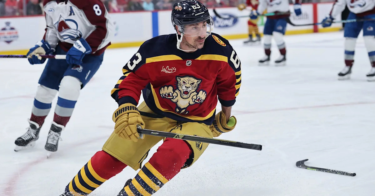 ELMONT, NEW YORK - MARCH 01: Brad Marchand #63 of the Florida Panthers skates against the New York Islanders at UBS Arena on March 01, 2026 in Elmont, New York. (Photo by Bruce Bennett/Getty Images)