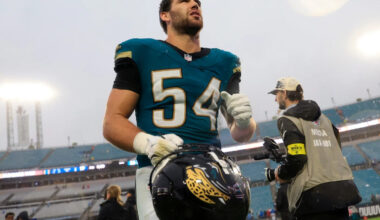 Jacksonville Jaguars linebacker Jack Kiser (54) runs off the field after the game of an NFL football game at EverBank Stadium, Sunday, Dec. 7, 2025, in Jacksonville, Fla. The Jaguars defeated the Colts 36-19.