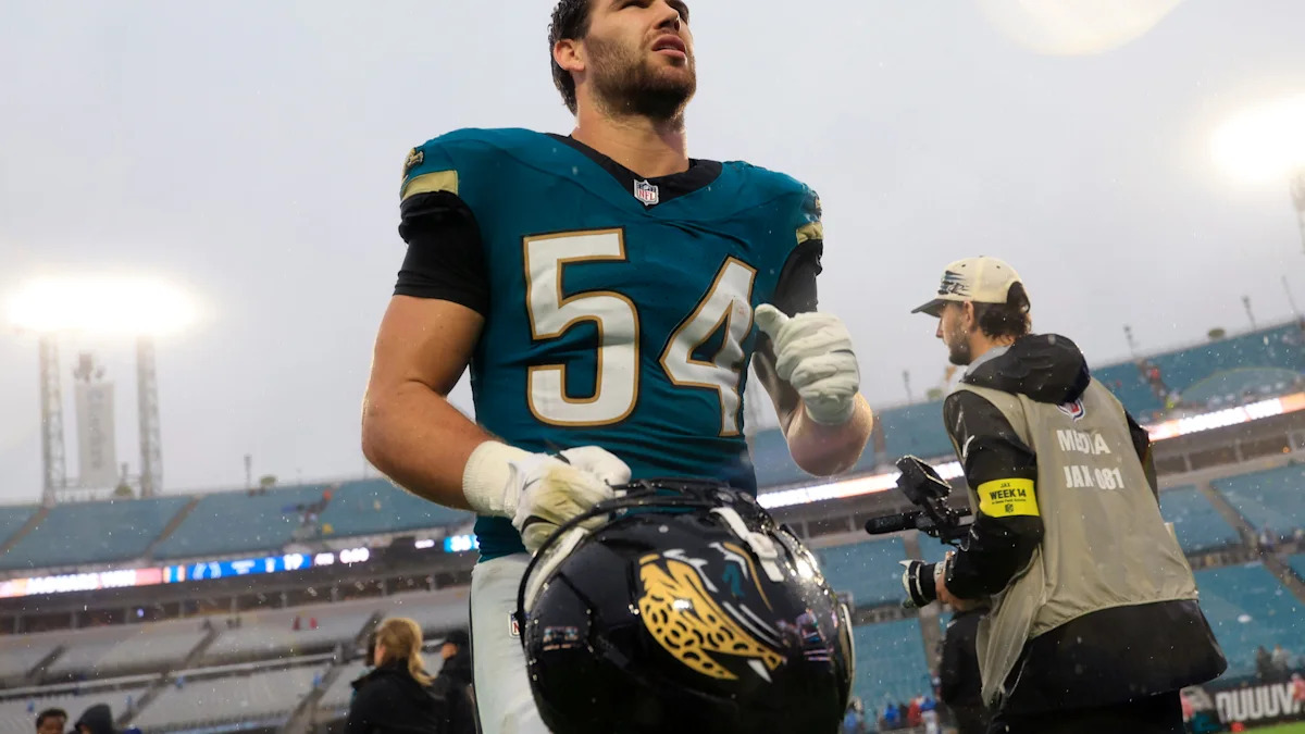 Jacksonville Jaguars linebacker Jack Kiser (54) runs off the field after the game of an NFL football game at EverBank Stadium, Sunday, Dec. 7, 2025, in Jacksonville, Fla. The Jaguars defeated the Colts 36-19.
