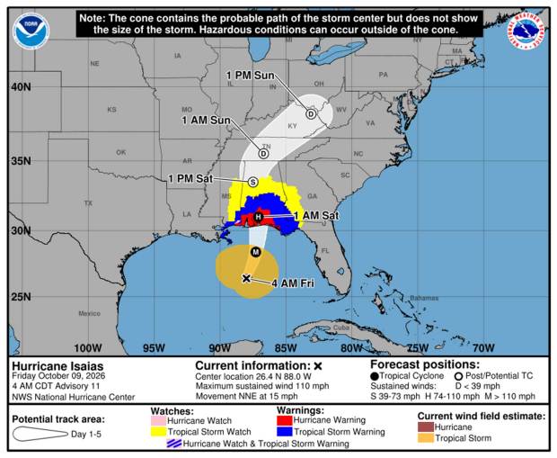 Hurricane Isaias cone of uncertainty as of 5 a.m. Friday, Oct. 9, 2026. (NHC)