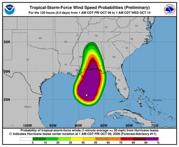 Projected wind field for Hurricane Isaias. (NHC)