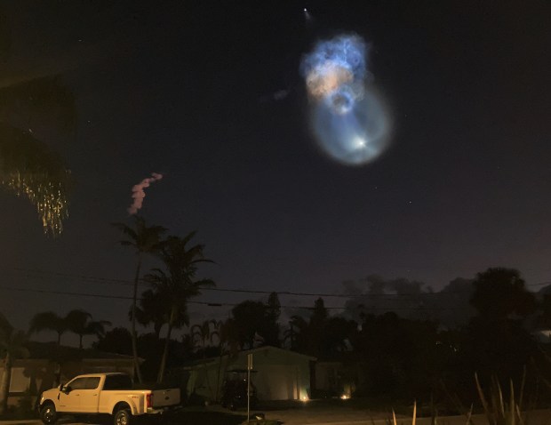 A SpaceX Falcon 9 launch on the CRS-35 mission creates a space jellyfish effect seen from Satellite Beach to the south on Tuesday, Oct. 13, 2026. (Richard Tribou/Orlando Sentinel)