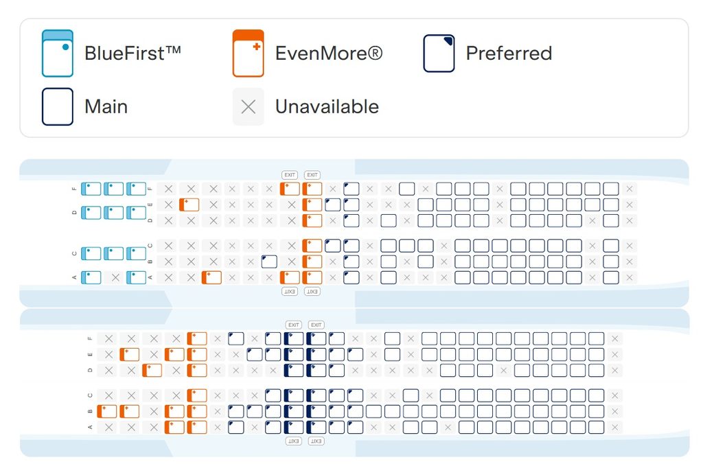 side-by-side comparison of JetBlue's A320 cabin with and without the BlueFirst seats on board.