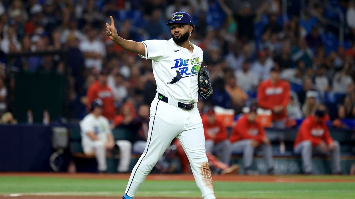 Junior Caminero gestures during the fifth inning of an ALCS playoff game.