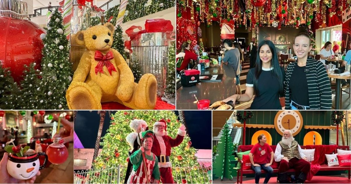 Christmas and holiday scenes in Miami: holiday decor, Santa, and festive drinks