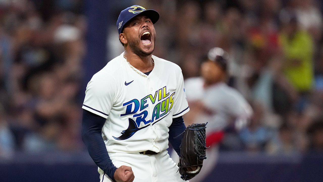 Tampa Bay Rays pitcher Freddy Peralta celebrates the last out in the top of the fifth inning in Game 2 of an American League Championship Series baseball game against the Cleveland Guardians in St. Petersburg, Fla. Tuesday, Oct. 13, 2026. (AP Photo/David J. Phillip)
