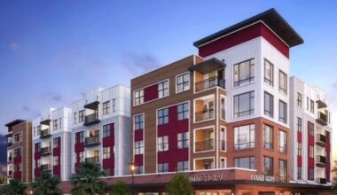 Rendering of a multistory student housing development with ground-floor commercial space