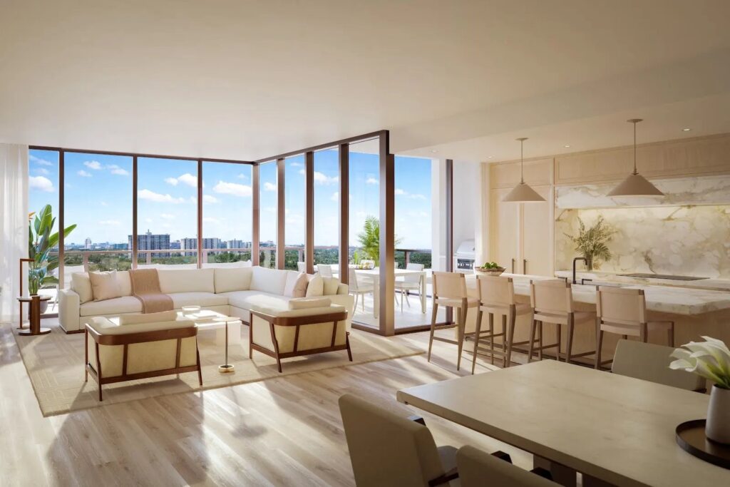 Rendering of an open kitchen and living area with a marble backsplash at The Ritz-Carlton Residences, Fort Lauderdale Beach