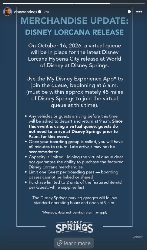 Disney Springs Implementing Virtual Queue for Disney Lorcana: Hyperia City Release
