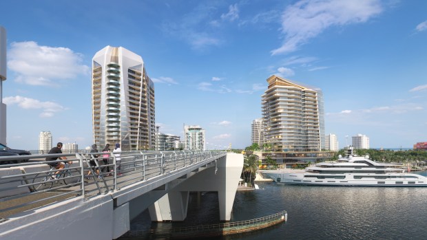An artist's illustration showing a waterfront view of the new towers proposed for the Pier Sixty-Six property in Fort Lauderdale. (Tavistock Development Company/Courtesy)