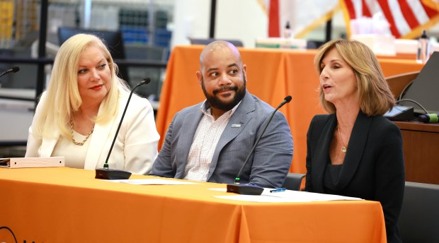 Miami-Dade County Supervisor of Elections Alina Garcia, left, Broward County Supervisor of Elections Joe Scott and Palm Beach County Supervisor of Elections Wendy Sartory Link attend a tri-county press conference to encourage voter participation ahead of the November election at the Broward County Supervisor of Elections Headquarters in Fort Lauderdale on Wednesday, Sept. 23, 2026. (Carline Jean/South Florida Sun Sentinel)