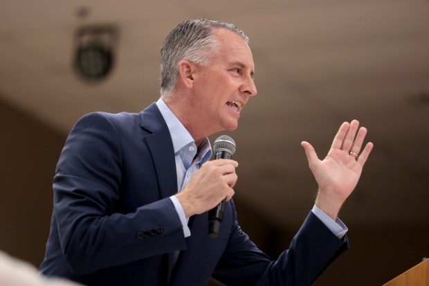Florida Democratic gubernatorial candidate David Jolly speaks during a campaign event at the Wynmoor Democratic Club on Monday, Oct. 5, 2026 in Coconut Creek. (Joe Raedle/Getty Images)